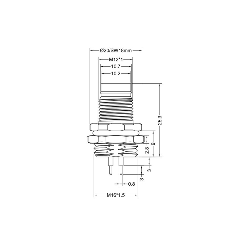 Push-pull m12 3pins A code male straight rear panel mount connector M16 thread,unshielded,insert,brass with nickel plated shell